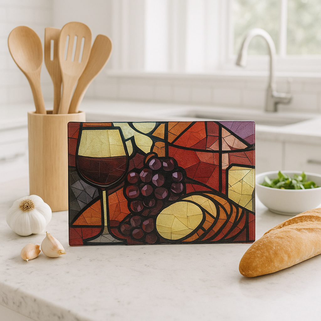 Artistic glass cutting board with wine, grapes, and bread design resting on a bright wooden counter with soft daylight.
