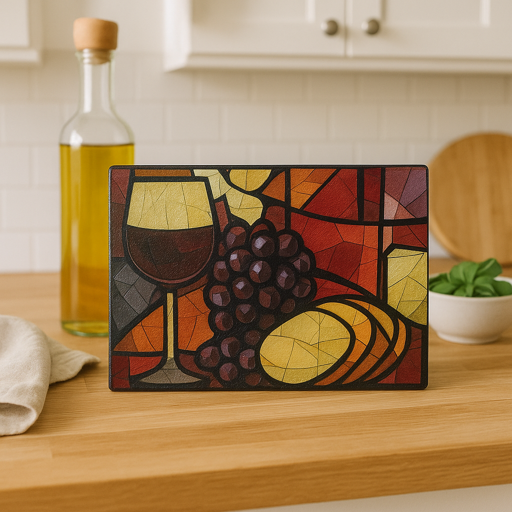 Decorative cutting board with wine-themed mosaic design on a kitchen counter.