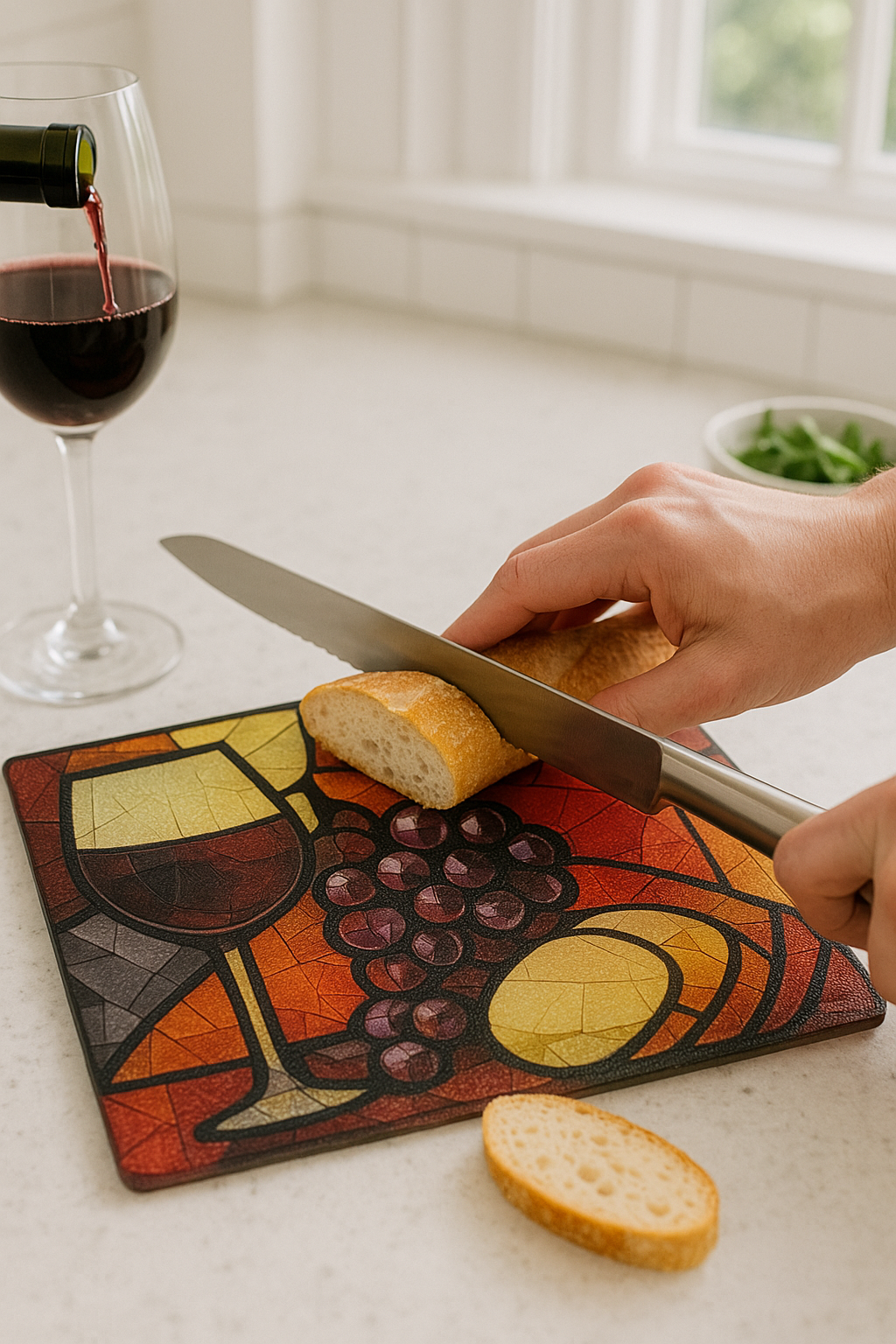 Hand slicing bread on a stained-glass-inspired cutting board featuring wine and grapes, in a bright modern kitchen with natural sunlight.